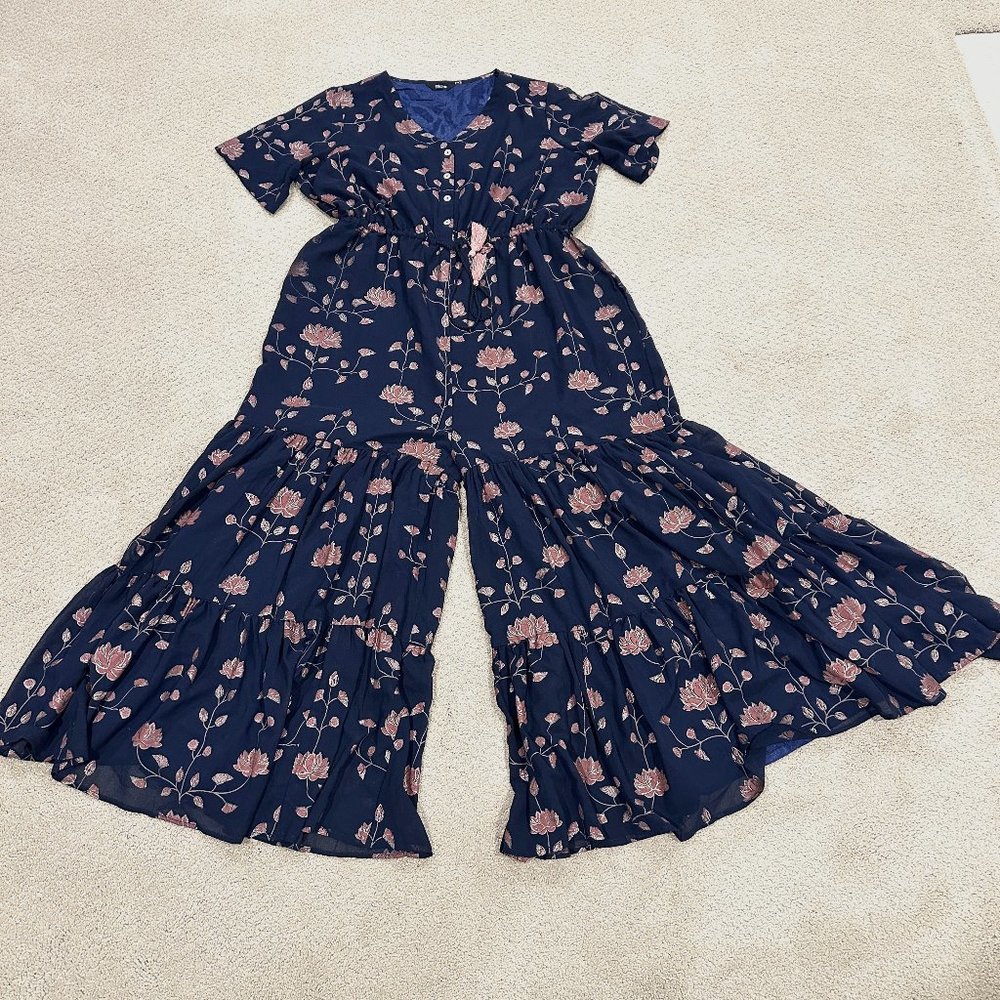 Indya Jumpsuit SS Boho Gypsy Ruffle Tier Legs Navy Metallic Floral Bollywood 2XL